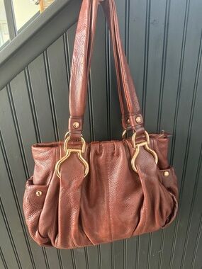 b. makowsky Chestnut Brown Leather Shoulder Bag with Gold Hardware